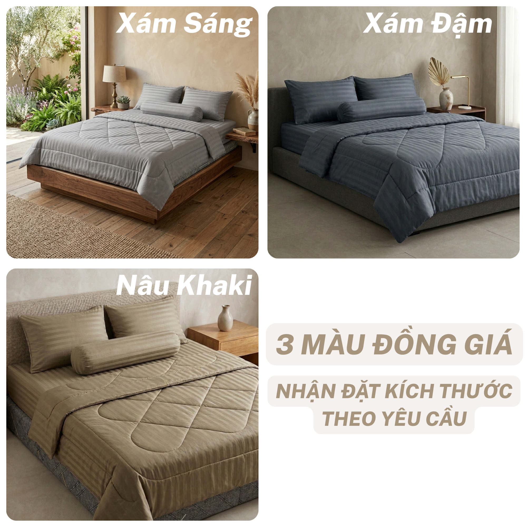 Bộ Chăn Ga Gối Cotton Poly Sọc Satin Cao Cấp 3 Màu Sang Trọng - Xám Sáng, Nâu Khaki, Xám Đậm - Đầy Đủ Kích Thước